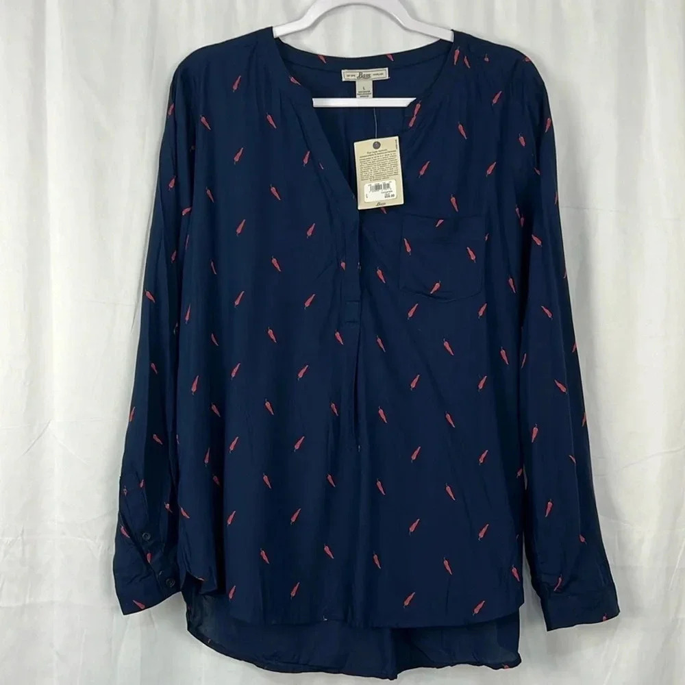 G.H Bass & Co New Women’s L Chili Pepper Print Long Sleeve V-Neck Blouse